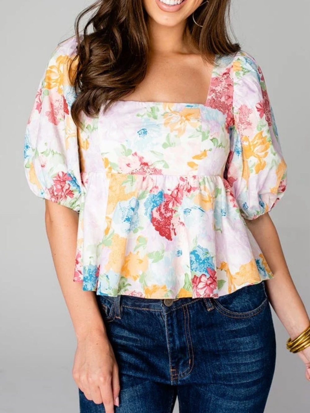 Buddy Love Pastel Floral Square-Neck Puff Sleeve Top